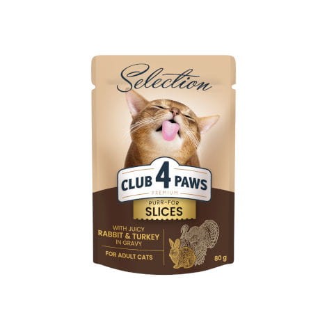 CLUB 4 PAWS PREMIUM ADULT CAT Kawałki z królikiem i indykiem w sosie - saszetka 80g