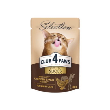 CLUB 4 PAWS PREMIUM ADULT CAT Kawałki z kurczakiem i cielęciną w sosie - saszetka 80g