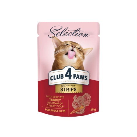 CLUB 4 PAWS PREMIUM ADULT CAT Paski z indyka w kremowej zupie marchewkowej - saszetka 85g