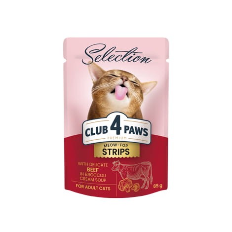 CLUB 4 PAWS PREMIUM ADULT CAT Paski z wołowiną w kremowej zupie brokułowej - saszetka 85g