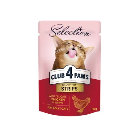 CLUB 4 PAWS PREMIUM ADULT CAT Paski z kurczakiem w sosie - saszetka 85g