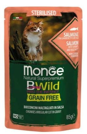 Monge BWild Cat Sterilised Łosoś z krewetkami i warzywami w sosie 85g