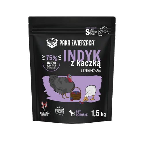 Paka Zwierzaka Indyk z kaczką i prebiotykami "S" 1,5kg